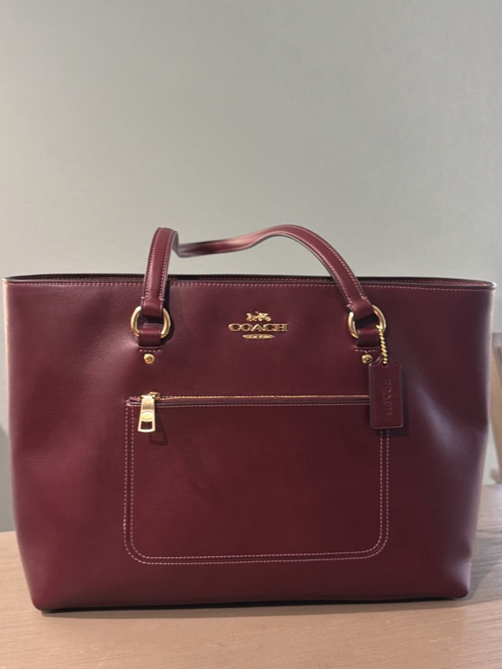 Coach Burgundy Leather Tote with Gold Hardware